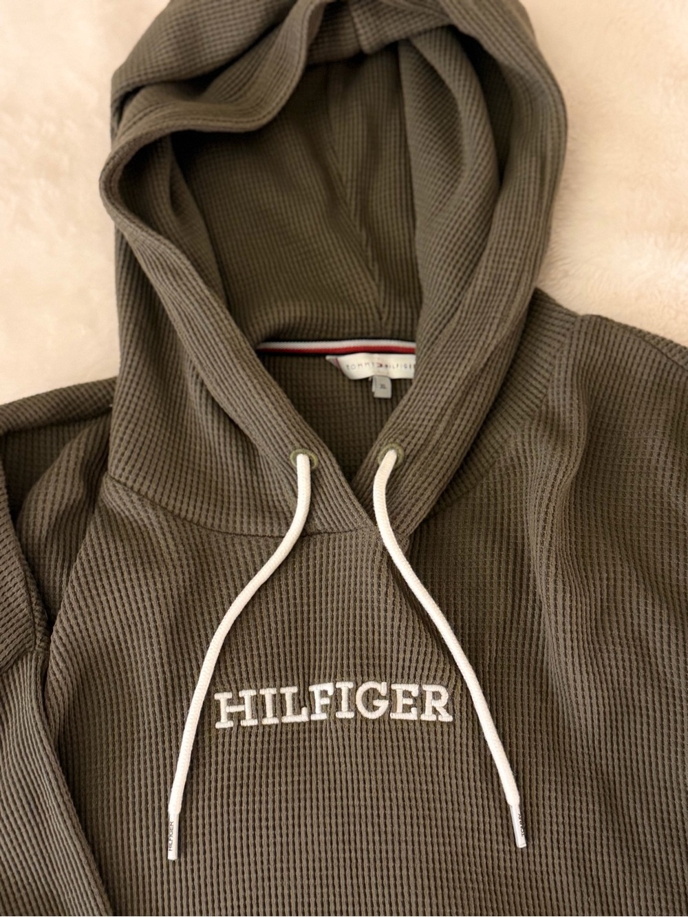 Tommy Hilfiger Olive Waffle-Knit Hoodie with White Drawstrings